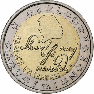 Słowenia, 
            
               2 Euro, 
            
               The poet France Prešeren